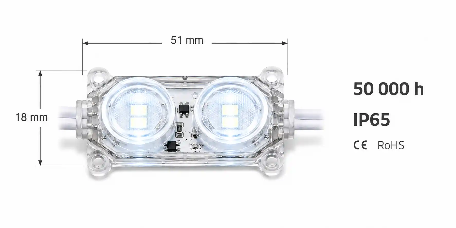 Rozměry LED modulu X0H2 51,5 krát 21,5mm s certifikací CE a RoHS a životností až 50000 hodin